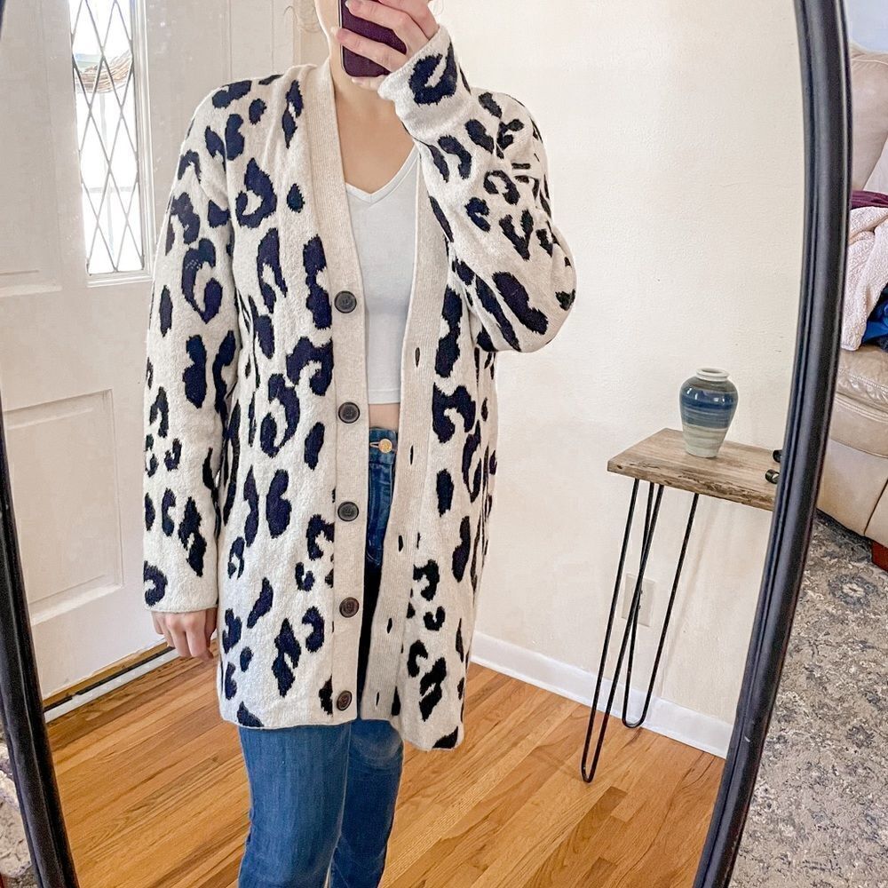 Something Navy Leopard Print Cardigan Sweater M